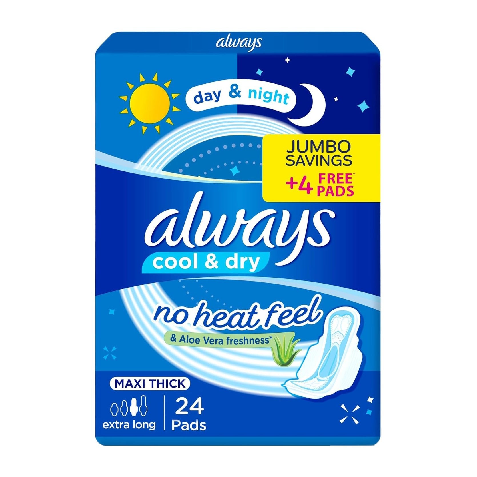 Always Cool & Dry Aloe Vera Maxi Thick Extra Long Pads - 24 Pads - Bloom Pharmacy
