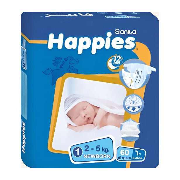 Happies New Born 2 - 5kg Size 1 Baby Diapers – 60 Diapers - Bloom Pharmacy