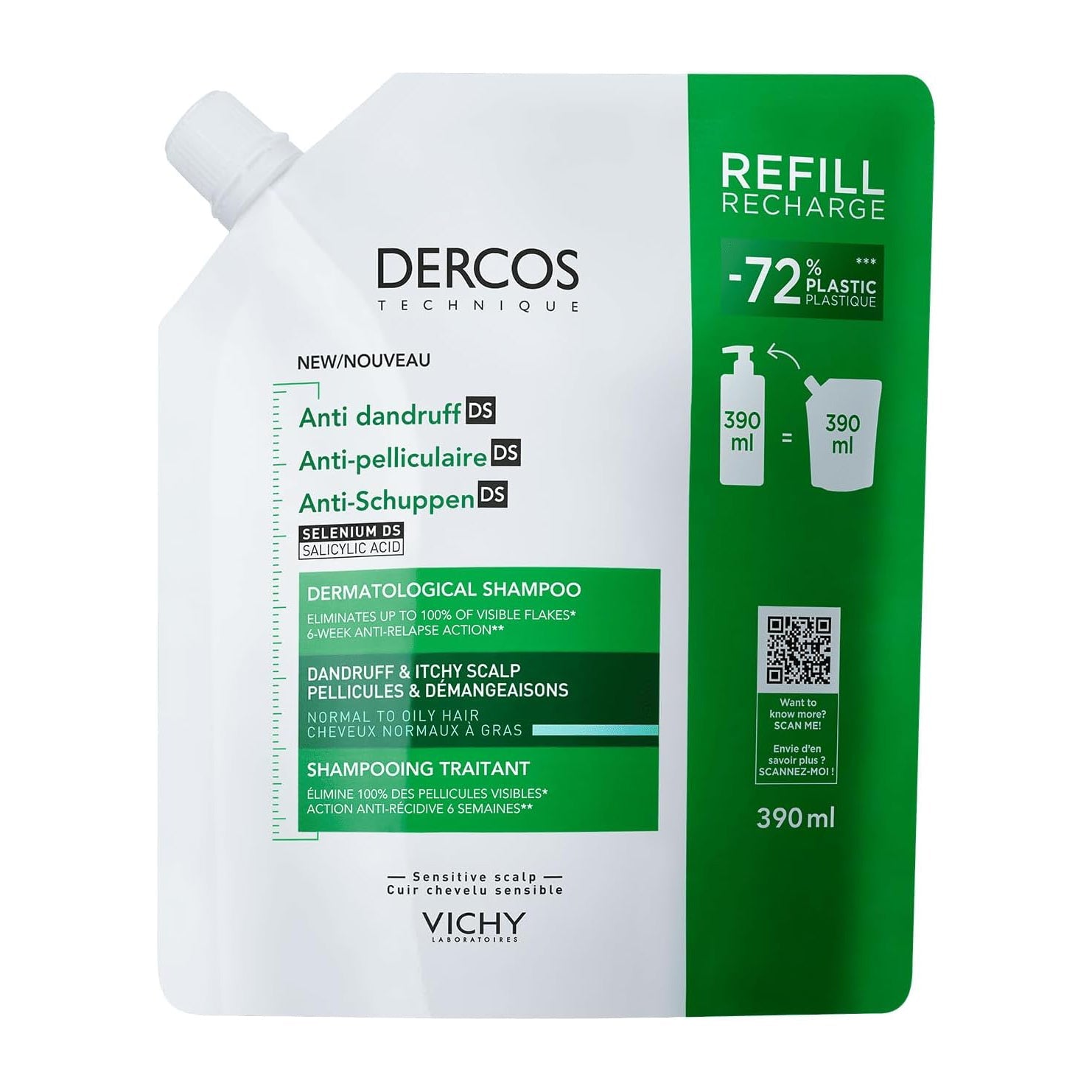 Vichy Dercos Anti Dandruff Refill Shampoo For Normal To Oily Hair - 390ml - Bloom Pharmacy