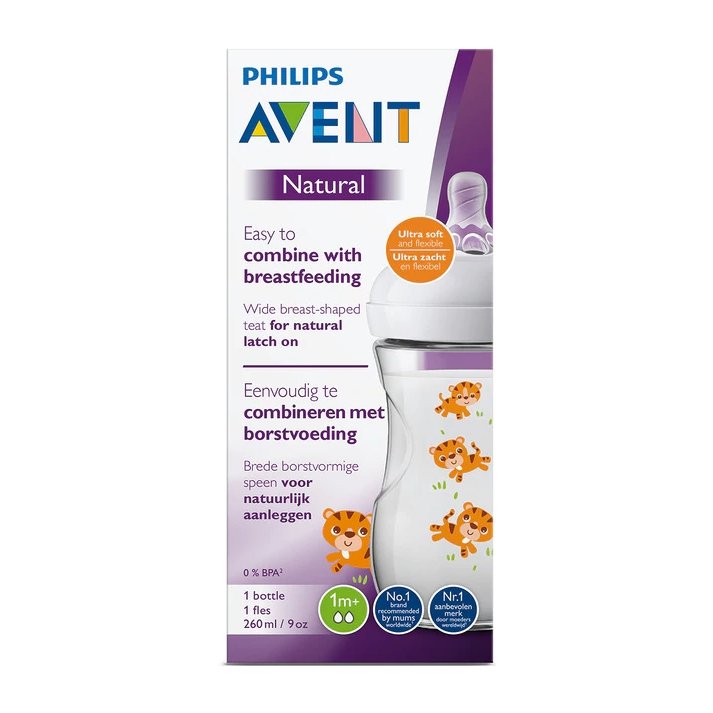 Avent Natural Baby Bottle 260ml 1m+ - Tiger - Bloom Pharmacy