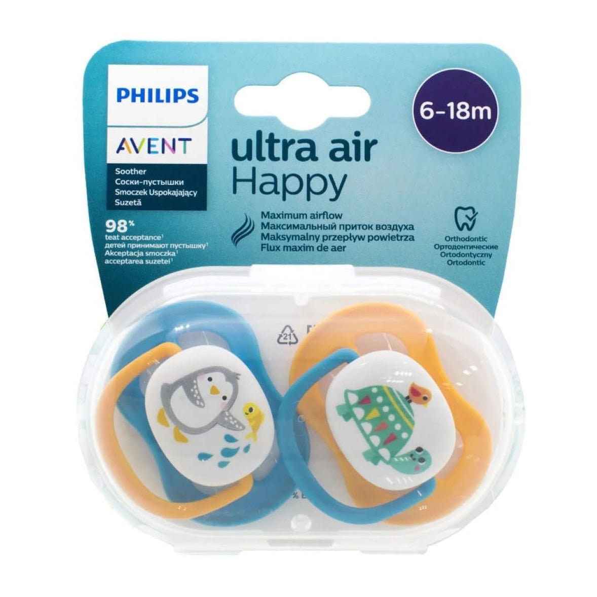 Avent Ultra Air Animals Pacifier 6-18m – Orange & Blue - Bloom Pharmacy