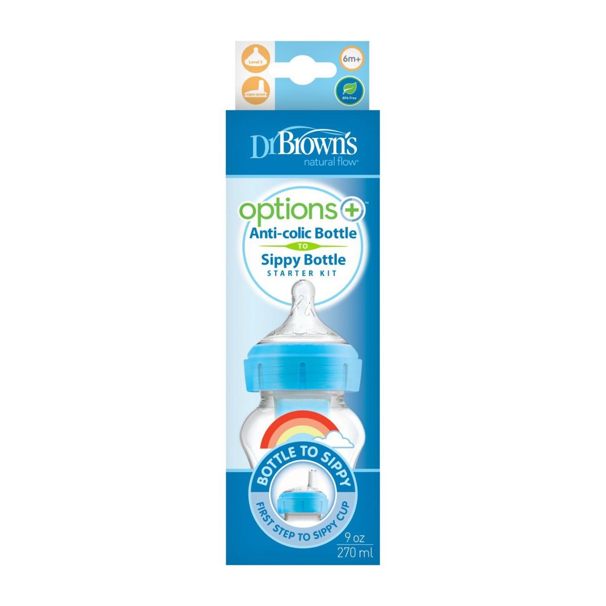 Dr. Brown's Options Plus Wide Neck Rainbow Patterned Feeding Bottle 6m+ - 270ml - Bloom Pharmacy
