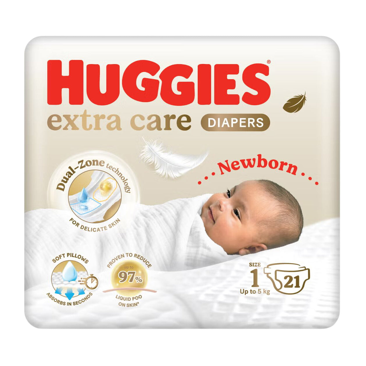 Huggies Extra Care Size 1 Up to 5kg Diapers - 21 Diapers