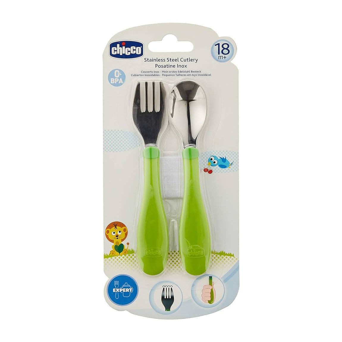 Chicco Stainless Steel Cutlery 18+m - Green - Bloom Pharmacy