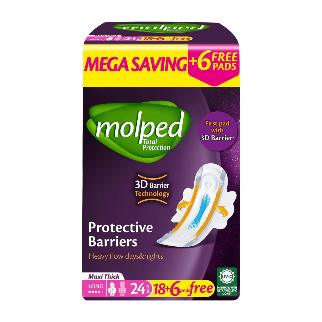 Molped Mega Saving Protective Barriers Maxi Thick Long Pads – 24 Pads - Bloom Pharmacy