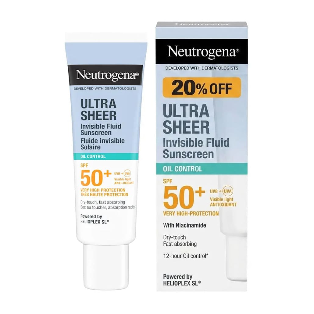 Neutrogena Ultra Sheer Invisible Fluid Oil Control SPF 50+ Sunscreen (20% OFF) - 50ml - Bloom Pharmacy