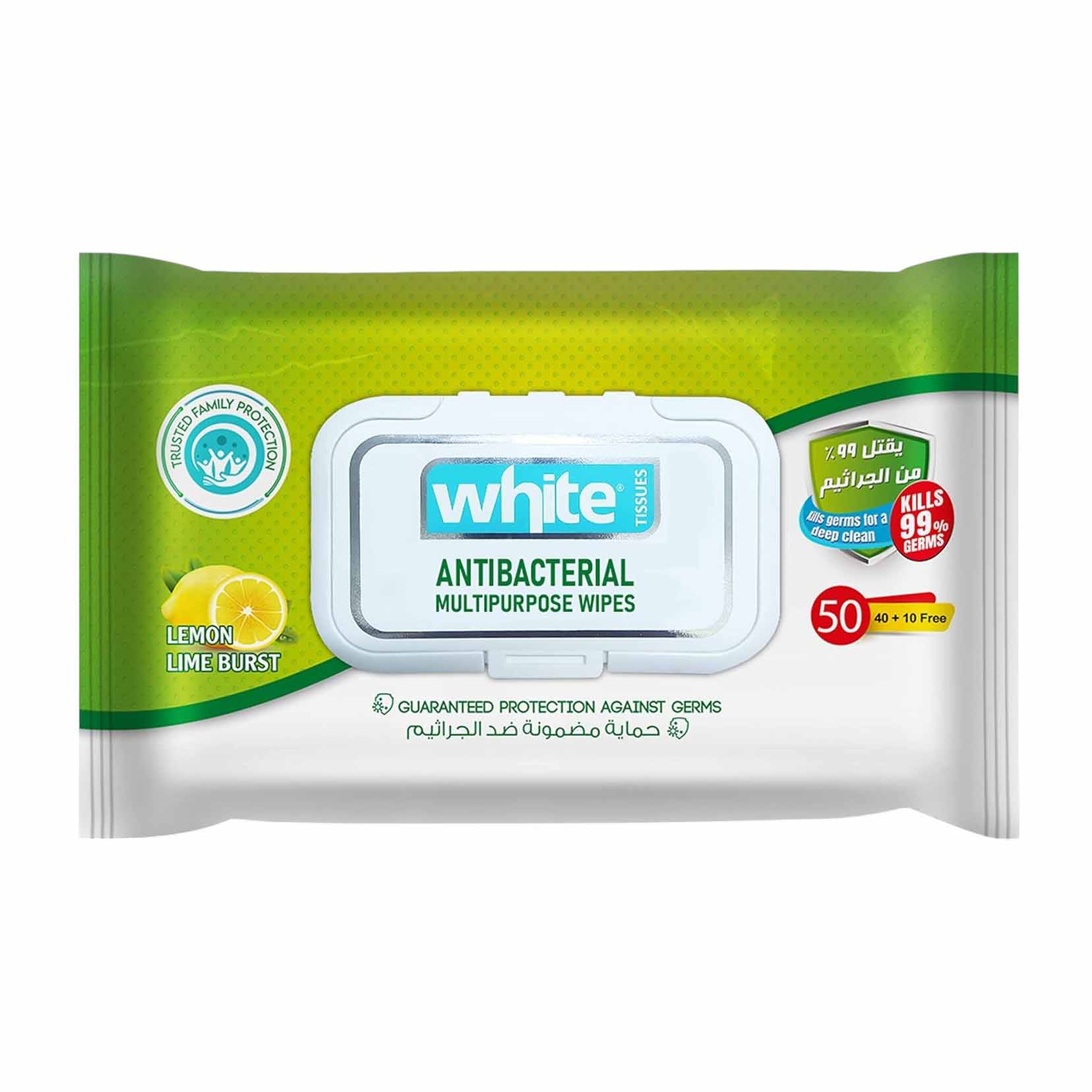 White Antibacterial Multipurpose Lemon Wipes - 50 Pcs - Bloom Pharmacy