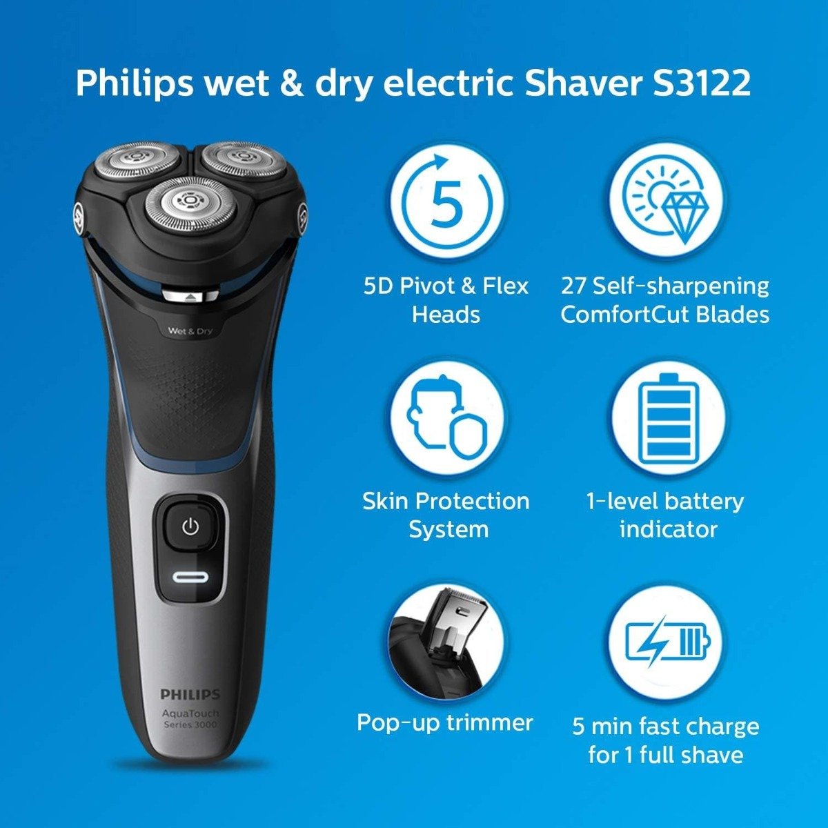Philips Aquatouch Wet & Dry Electric Shaver - S3122 - Bloom Pharmacy