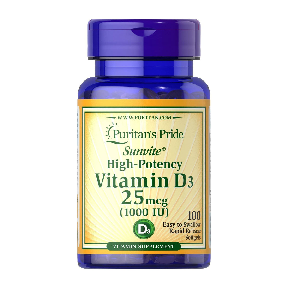 Puritan’s Pride High-Potency Vitamin D3 25mcg 1000IU - 100 Softgels - Bloom Pharmacy