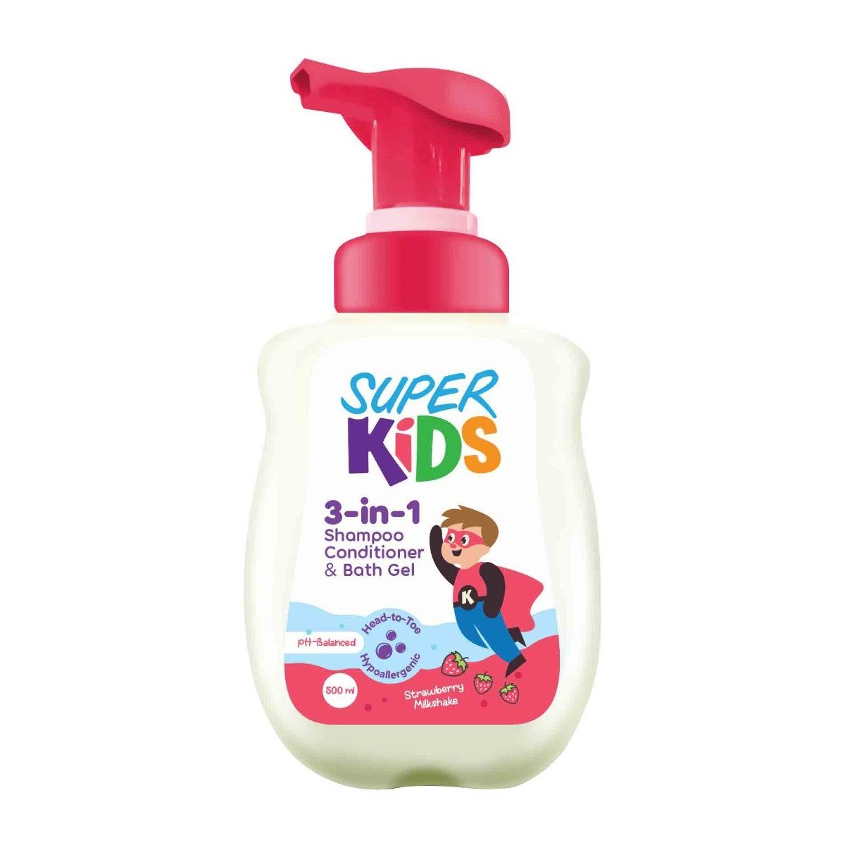 Super Kids 3 In 1 Strawberry Milkshake Shampoo Conditioner & Bath Gel – 500ml - Bloom Pharmacy